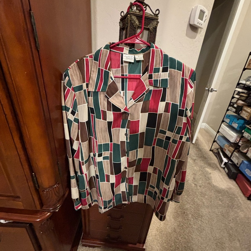Allison Daley Geometric Button-Front Shirt Jacket in Red, Green, Tan, Black